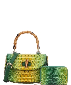 2 in 1 Crocodile Bamboo Handle Tie-dyed Satchel Wallet Set CE-8904A GREEN